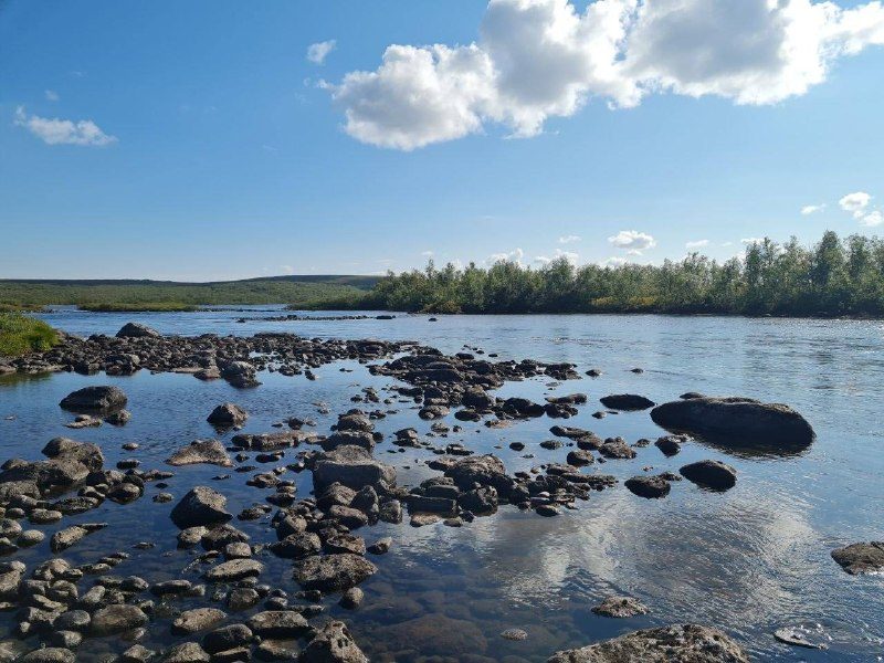 Каменистая река под синим небом